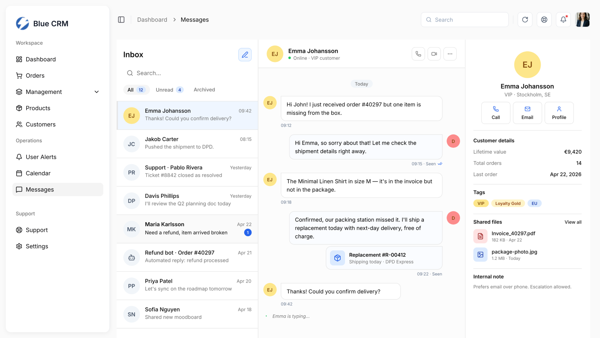 Blue CRM – messages with inbox, conversation and customer context panel